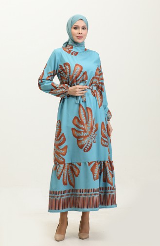 Robe Crepe A Motifs Fleuris 0350A-02 Bleu Menthe Marron 0350A-02