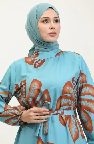 Robe Crepe A Motifs Fleuris 0350A-02 Bleu Menthe Marron 0350A-02