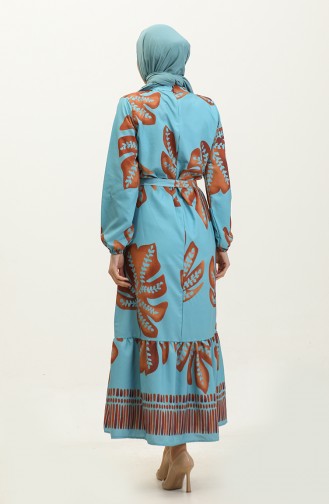 Robe Crepe A Motifs Fleuris 0350A-02 Bleu Menthe Marron 0350A-02