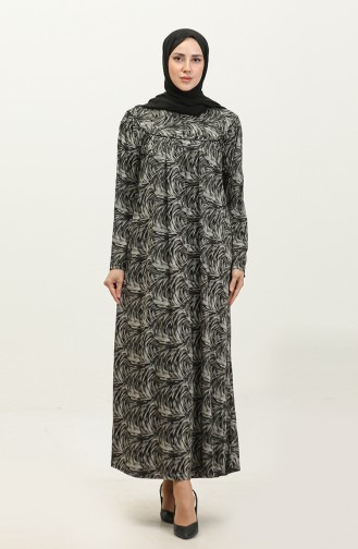 Large Plus Size Patterned Viscose Dress 4470-01 Black Khaki 4470-01