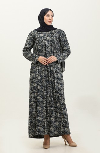 Large Large Size Patterned Viscose Dress 4470-03 Petrol Black 4470-03