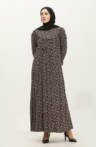 Large Size Patterned Viscose Dress 4473-01 Black Khaki 4473-01