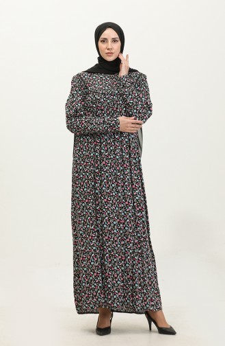 Large Size Patterned Viscose Dress 4473-02 Black Turquoise 4473-02