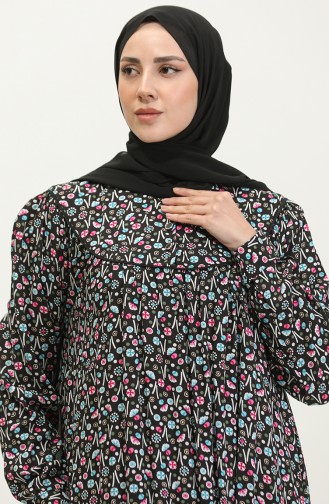 فستان فيسكوز مُطبع بمقاسات كبيرة 4473-02 لون أسود وتركواز 4473-02