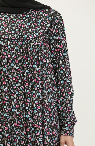 فستان فيسكوز مُطبع بمقاسات كبيرة 4473-02 لون أسود وتركواز 4473-02