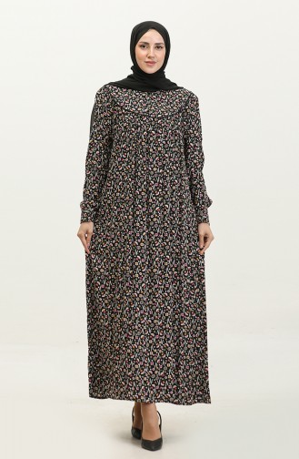 فستان فيسكوز مُطبع بمقاسات كبيرة 4473-03 لون أسود ووردي مغبر 4473-03