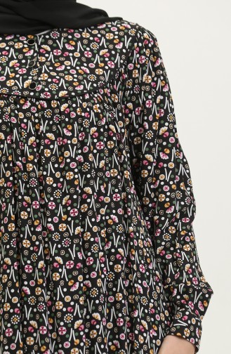 فستان فيسكوز مُطبع بمقاسات كبيرة 4473-03 لون أسود ووردي مغبر 4473-03