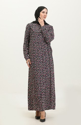 فستان فيسكوز مُطبع بمقاسات كبيرة 4473-04 لون أسود وبنفسجي 4473-04