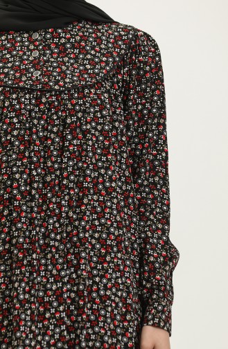 Büyük Beden Desenli Viskon Elbise 4473A-01 Siyah Kırmızı