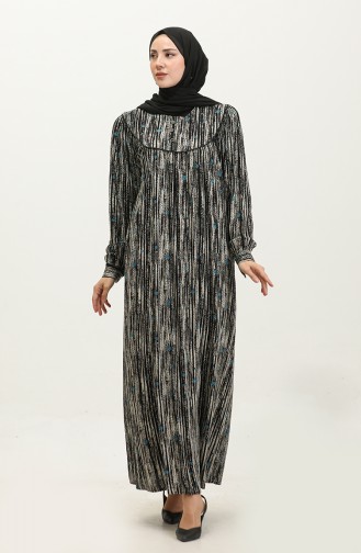فستان فيسكوز مُطبع بمقاسات كبيرة 4473H-03 لون أسود بترولي 4473H-03