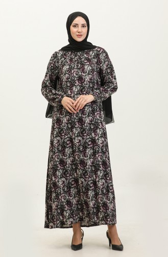 Large Size Patterned Viscose Dress 44851L-01 Black Purple 44851L-01