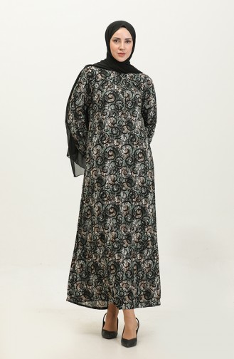 فستان فيسكوز مُطبع بمقاسات كبيرة 44851L-03 لون أسود وأخضر كاكي 44851L-03