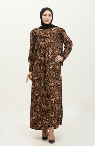 فستان فيسكوز مُطبع بمقاسات كبيرة 4473B-01 لون بني 4473B-01