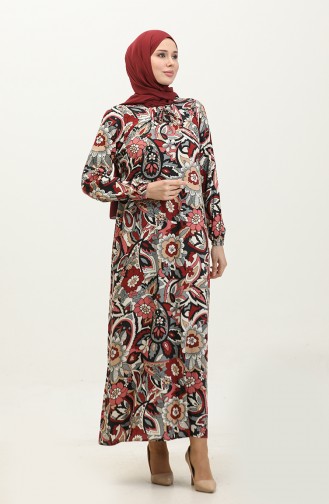 فستان فيسكوز مُطبع بمقاسات كبيرة 44851E-02 لون خمري 44851E-02