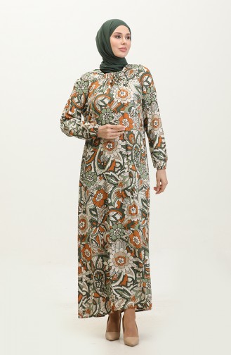فستان فيسكوز مُطبع بمقاسات كبيرة 44851E-04 لون كاكي 44851E-04