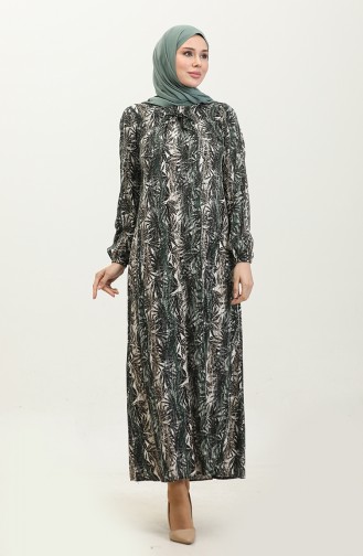 فستان فيسكوز مُطبع بمقاسات كبيرة 44851F-03 لون أخضر كاكي 44851F-03
