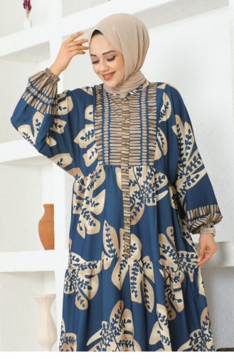 303Sgs Hijab-jurk Met Tropisch Patroon Marineblauw 16873