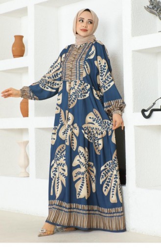 303Sgs Tropical Patterned Hijab Dress Navy Blue 16873