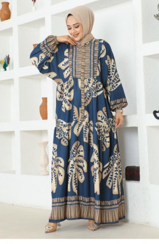 303Sgs فستان حجاب منقوش استوائي باللون الأزرق الداكن 16873