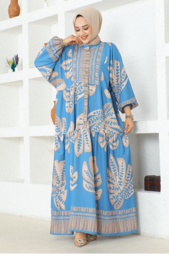 303Sgs Tropical Patterned Hijab Dress Blue 16888