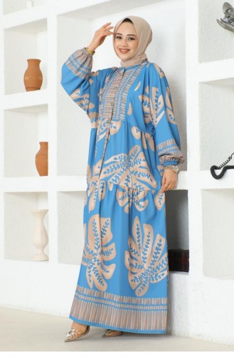 303Sgs Tropical Patterned Hijab Dress Blue 16888