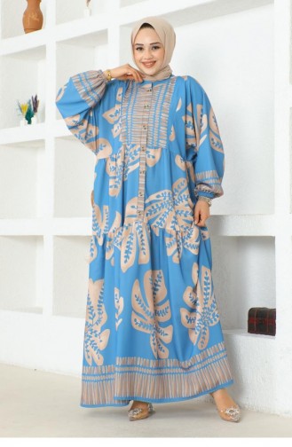 303Sgs Tropical Patterned Hijab Dress Blue 16888