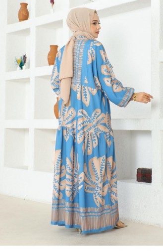 303Sgs Tropical Patterned Hijab Dress Blue 16888