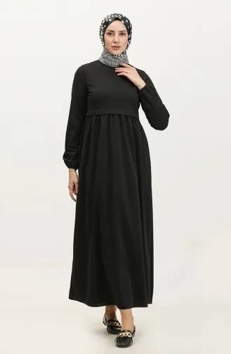 Robe Taille Froncee Manches Elastiques 1087-02 Noir 1087-02