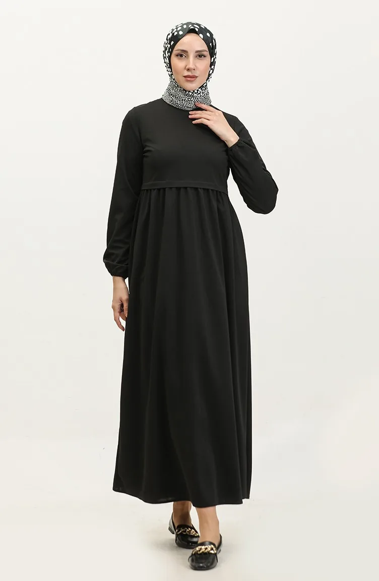Robe Taille Froncee Manches Elastiques 1087-02 Noir 1087-02