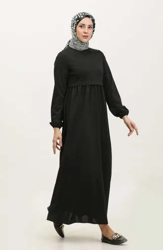 Robe Taille Froncee Manches Elastiques 1087-02 Noir 1087-02