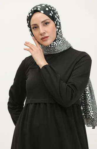 Robe Taille Froncee Manches Elastiques 1087-02 Noir 1087-02