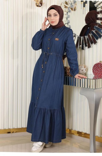 فستان من الدنيم بخصر دانتيل وأزرار باللون الأزرق الداكن 19193 15118