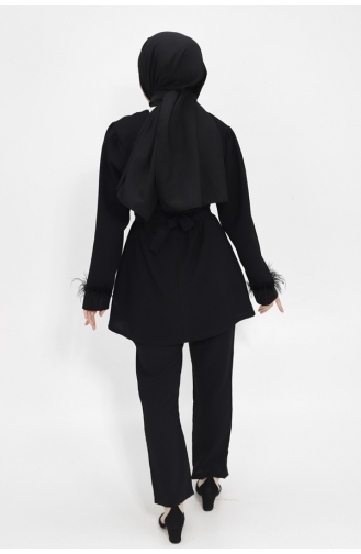 Belt Stone Crepe Fabric Hijab Double Suit 2414-01 Black 2414-01