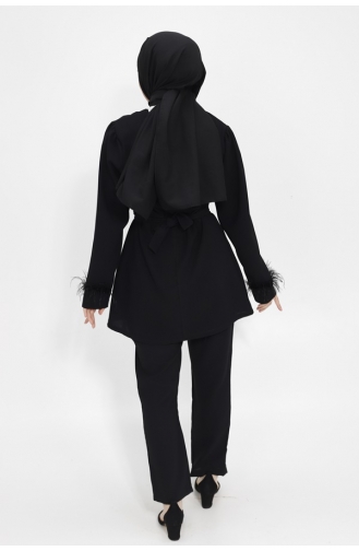 Ensemble Hijab Tissu Crêpe Pierre Avec Ceinture 2414-01 Noir 2414-01