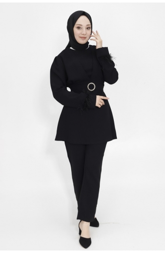 Belt Stone Crepe Fabric Hijab Double Suit 2414-01 Black 2414-01