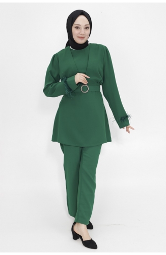 Crepe Fabric Hijab Double Suit With Stone Belt 2414-02 Emerald Green 2414-02