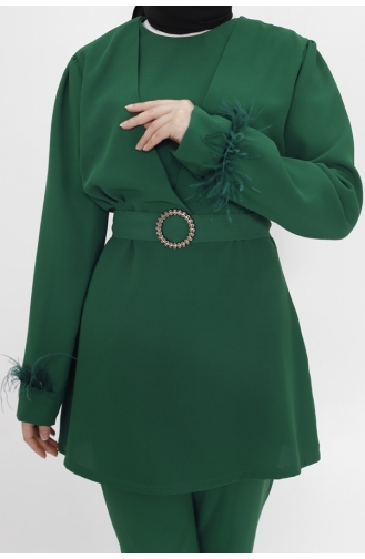 Costume Double Hijab Tissu Crêpe Avec Ceinture En Pierre 2414-02 Vert Emeraude 2414-02