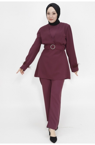 Crepe Fabric Hijab Double Suit With Stone Belt 2414-03 Plum 2414-03