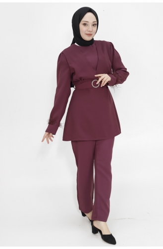 Crepe Fabric Hijab Double Suit With Stone Belt 2414-03 Plum 2414-03