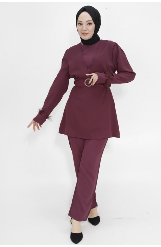 Crepe Fabric Hijab Double Suit With Stone Belt 2414-03 Plum 2414-03