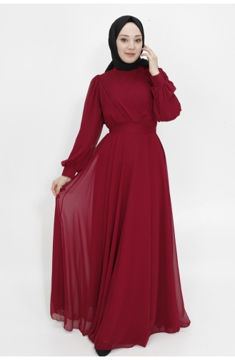 Double Breasted Collar Chiffon Fabric Hijab Evening Dress 4105-01 Claret Red 4105-01