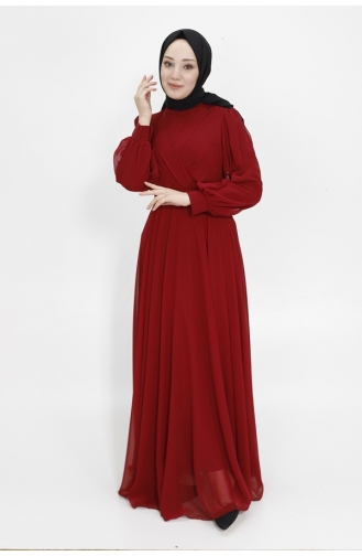 Double Breasted Collar Chiffon Fabric Hijab Evening Dress 4105-01 Claret Red 4105-01