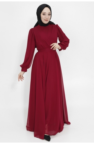 Dubbele Rij Knopen Kraag Chiffon Stof Hijab Avondjurk 4105-01 Bordeaux Rood 4105-01