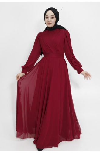 Robe De Soirée Hijab En Tissu Mousseline à Col Croisé 4105-01 Rouge Claret 4105-01