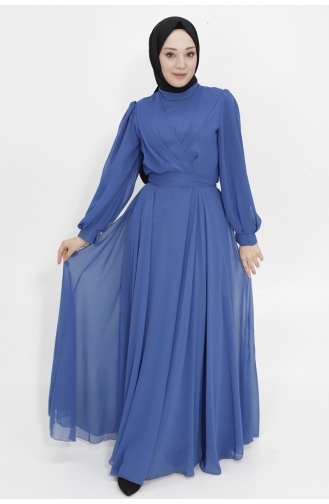Double Breasted Neck Chiffon Fabric Hijab Evening Dress 4105-02 Indigo 4105-02