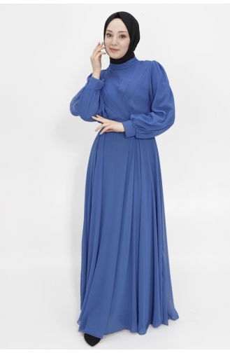 Double Breasted Neck Chiffon Fabric Hijab Evening Dress 4105-02 Indigo 4105-02