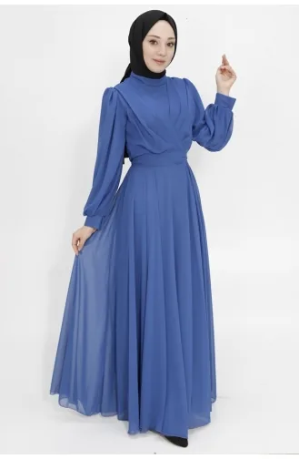 Zweireihiges Hijab-Abendkleid Aus Chiffonstoff Mit Ausschnitt 4105-02 Indigo 4105-02