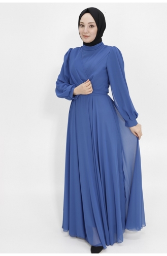 Double Breasted Neck Chiffon Fabric Hijab Evening Dress 4105-02 Indigo 4105-02