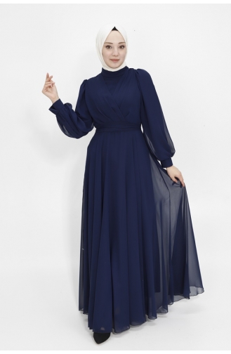 Double Breasted Collar Chiffon Fabric Hijab Evening Dress 4105-03 Navy Blue 4105-03