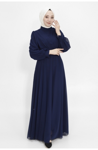 Double Breasted Collar Chiffon Fabric Hijab Evening Dress 4105-03 Navy Blue 4105-03